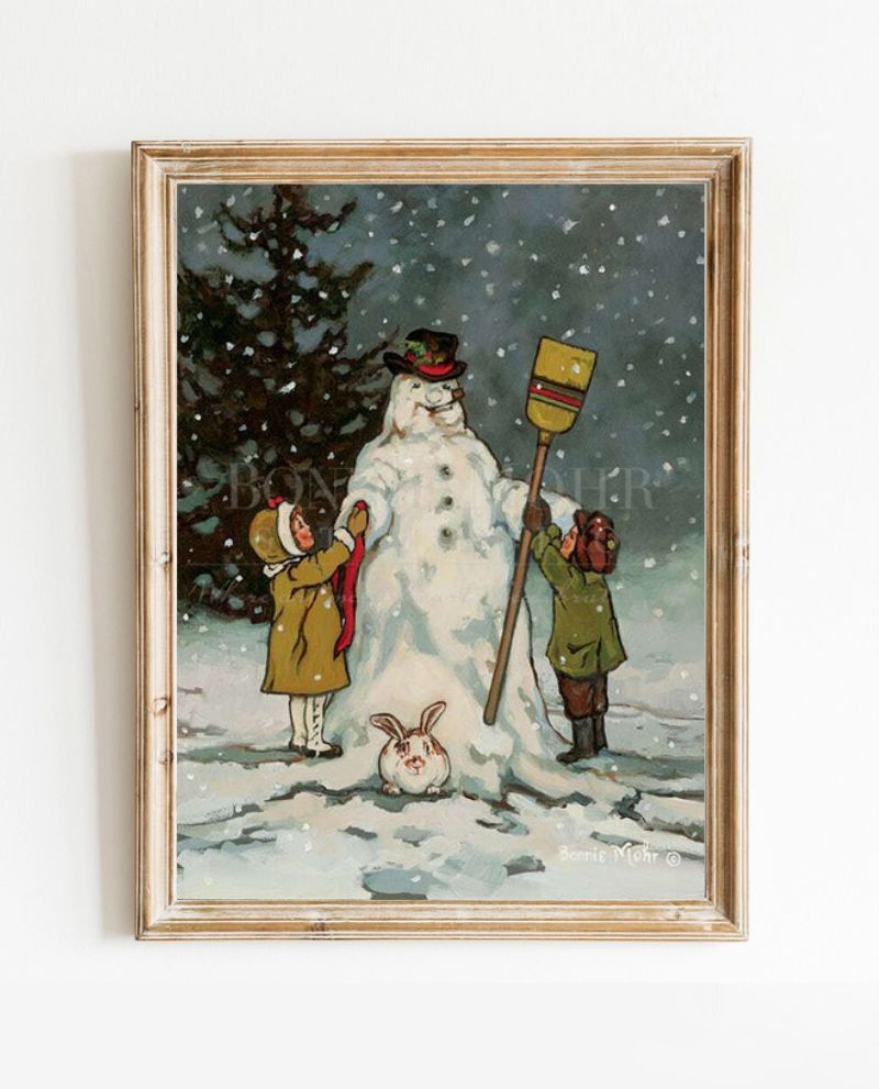 Frosty - A set of Christmas cards by artist Bonnie Mohr featuring a snowy  winter landscape and children building a snowman